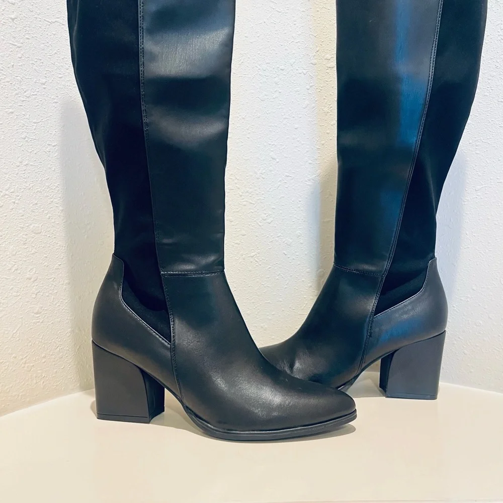 Marc Fisher Black Over the Knee Block Heel Vegan Boots Size 9 NWT